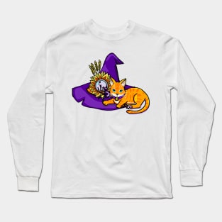 Orange Cat on a Witch Hat (yellow) Long Sleeve T-Shirt